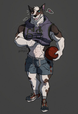 anthro ball clothed clothing ear_piercing fur hair heterochromia looking_at_viewer male muscular open_mouth piercing simple_background smile solo teeth white_body gimpis bull_terrier canid canine canis domestic_dog hunting_dog mammal terrier absurd_res digital_media_(artwork) hi_res