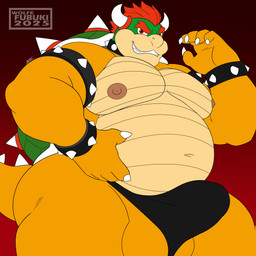 2_horns anthro areola armband balls barazoku belly biceps big_belly big_butt big_muscles big_pecs black_clothing bracelet bulge butt claws clothed clothing collar detailed_bulge erection erection_under_clothing eyebrows genital_outline genitals gradient_background grin hair horn jewelry looking_at_viewer male moobs musclegut muscular muscular_anthro muscular_male navel nipples non-mammal_nipples overweight overweight_anthro overweight_male pecs penis red_background red_eyes red_hair shell simple_background smile solo spiked_armband spiked_bracelet spiked_collar spiked_shell spikes spikes_(anatomy) standing tail teeth tenting thick_thighs thong underwear yellow_body wolfe_fubuki mario_bros nintendo bowser dragon_koopa koopa scalie hi_res