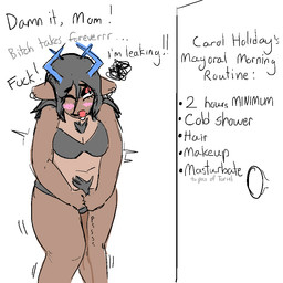 anthro antlers black_hair blush bodily_fluids body_hair breasts brown_body brown_fur chest_tuft clothing embarrassed female fur genital_fluids hair happy_trail holding_crotch horn omorashi pee_desperation peeing piercing potty_dance profanity shaking simple_background solo text tuft underwear urine watersports wetting white_background playdoe deltarune undertale_(series) dess_holiday deer mammal new_world_deer reindeer 1:1 english_text trans_(lore) trans_woman_(lore)