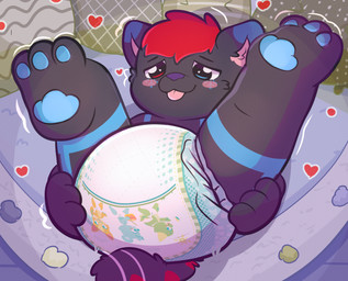 anthro bed black_body black_fur blush clothed clothing diaper feliz fur furniture genitals hair heart_symbol heterochromia legs_up looking_at_another lying lying_on_bed male on_bed presenting solo spread_legs spreading tail toddler tongue tongue_out wearing_diaper young skyemangopup pretend_again try_agains dokifur domestic_cat felid feline felis mammal unknown_species absurd_res digital_media_(artwork) hi_res