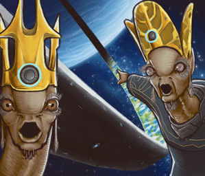 cosmic_background crown duo gesture halo_(device) hand_gesture headgear looking_at_viewer male open_mouth planet pointing space space_background dragoljub halo_(series) microsoft two_soyjaks_pointing xbox_game_studios alien humanoid san'shyuum colored hi_res