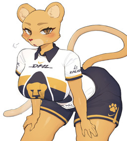 5_fingers anthro arm_support bent_over big_breasts blush bodily_fluids bottomwear breasts breath brown_eyes claws clothed clothed_anthro clothed_female clothing collared_shirt curvy_figure eyelashes female finger_claws fingers front_view fur hands_on_legs hands_on_thighs inner_ear_fluff looking_at_viewer mascot pose shirt shorts simple_background soccer_jersey soccer_uniform solo sportswear standing sweat tail tan_body tan_fur thick_thighs topwear tuft uniform voluptuous voluptuous_anthro voluptuous_female white_background baburusushi club_universidad_nacional dhl liga_mx nike goya_(pumas_unam) cougar felid feline mammal 2026 hi_res pinup portrait three-quarter_portrait