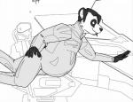 anthro belly big_belly clothing jumpsuit male pregnant pregnant_anthro pregnant_male solo space weightlessness zero_gravity gothpanda bear giant_panda mammal