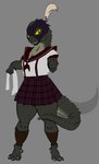 anthro bottomwear clothing feathers female mask plaid scales school_uniform skirt solo uniform greenpolygon reptoid scalie absurd_res hi_res