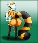 anthro big_breasts big_butt breasts bubble_butt butt clothing female footwear freckles fur hair high_heels huge_breasts huge_butt legwear looking_back markings mostly_nude nipples orange_body orange_fur ring_(marking) ringed_tail shoes side_boob simple_background smile solo striped_markings striped_tail stripes tail tail_markings thick_thighs thigh_highs white_hair cornchip21 norithics sunni_smiles mammal 2017 hi_res