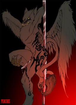 anthro black_sclera bodily_fluids cum dancing genital_fluids genitals male penis pole pole_dancing solo yellow_eyes randomdragon mythology avian gryphon mythological_avian mythological_creature 2007