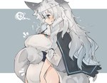 big_breasts blush bodily_fluids braided_hair breasts butt clothing emanata female fur grey_background grey_body grey_eyes grey_fur grey_hair hair long_hair looking_at_self looking_down markings nipple_outline simple_background solo spots spotted_markings standing sweat sweatdrop white_bars white_body white_skin mikojin arknights hypergryph studio_montagne pramanix_(arknights) animal_humanoid felid felid_humanoid humanoid mammal mammal_humanoid pantherine pantherine_humanoid snow_leopard_humanoid