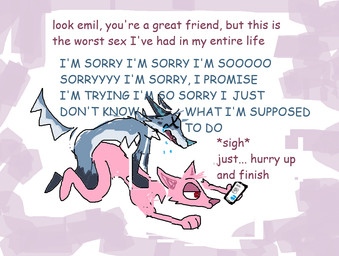 anthro anthro_on_anthro anthro_penetrated anthro_penetrating anthro_penetrating_anthro blue_body blue_fur bodily_fluids cellphone crying doggystyle duo electronics female female_penetrated from_behind_position fur holding_cellphone holding_object holding_phone holding_smartphone male male/female male_penetrating male_penetrating_female penetration phone pink_body pink_fur sex smartphone tears text toony demensa emil_(demensa) canid canine canis coyote domestic_dog mammal 2025 english_text