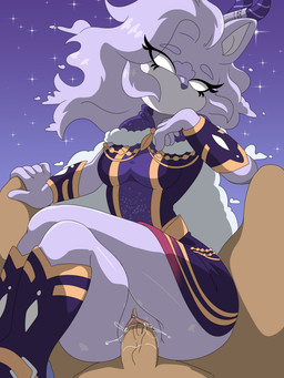 anthro bodily_fluids cape clothed clothed_female clothing cloud crossed_legs dominant dominant_female duo empty_eyes female female_on_human female_on_top genital_fluids hand_on_knee hand_on_leg judging male male/female male_human mouthless nude_male on_top penetration sky star starry_sky vaginal vaginal_fluids vaginal_penetration anonymous_artist sega sonic_the_hedgehog_(series) fan_character nebula_kallistis deer human mammal absurd_res hi_res