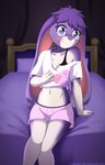 anthro bed blue_eyes blush bottomwear bra_strap chest_tuft clothed clothing crossdressing eyewear femboy flower fur furniture glasses hair male midriff multicolored_body multicolored_fur on_bed plant purple_body purple_fur purple_hair shorts solo tuft white_body white_fur erdfurry thistle_(thistlebunny) lagomorph leporid mammal rabbit 9:14 hi_res