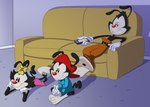 anthro barefoot clothing feet female furniture group male sitting smile sofa trio scottforester17 animaniacs warner_brothers dot_warner wakko_warner yakko_warner inkblot hi_res sibling_(lore)