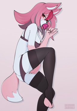 anthro bra clothing female fingering food fur genitals hair legwear panties pink_eyes pink_hair popsicle solo tail thigh_highs underwear vaginal vaginal_fingering vulva white_body white_fur salvador_zabrali brand_new_animal studio_trigger nazuna_hiwatashi canid canine fox mammal hi_res