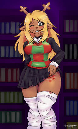 anthro big_breasts blonde_hair blood bodily_fluids bottomwear breasts clothed clothing clothing_lift female hair insane leg_warmers legwear scar self-harm self-harm_scars skirt skirt_lift smile solo sweater sweater_vest thick_thighs topwear vest wounded yandere deltarune undertale_(series) noelle_holiday deer mammal new_world_deer reindeer absurd_res hi_res