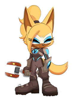 anthro armor blonde_hair boots breasts brown_body clothing eyelashes eyes_closed facial_markings fangs female footwear gloves hair handwear head_markings markings mask_(marking) omniwrench ponytail shoes solo standing teeth buddyhyped idw_publishing ratchet_and_clank sega sonic_the_hedgehog_(comics) sonic_the_hedgehog_(idw) sonic_the_hedgehog_(series) sony_corporation sony_interactive_entertainment whisper_the_wolf canid canine canis mammal wolf 2025 absurd_res hi_res
