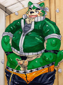 anthro balls blush bodily_fluids bottomwear bottomwear_down clothed clothing drunk far flaccid foreskin fur genital_fluids genitals green_body green_fur kerchief male overweight overweight_male pants pants_down partially_clothed peeing penis pubes solo standing substance_intoxication underwear urine donuts72 lifewonders live_a_hero mokdai canid canine canis domestic_dog mammal 3:4 hi_res traditional_media_(artwork)