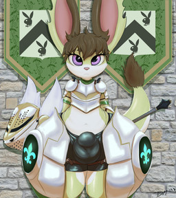 anthro armor banner belly big_ears breastplate bulge clothing detailed_background detailed_bulge hair headgear helmet huge_thighs hyper hyper_thighs latex latex_clothing looking_at_viewer mace male melee_weapon messy_hair navel neutral_expression solo spats tail thick_tail thick_thighs weapon white_belly yellow_body doodle_moogle citra_(jonathan0322) hobkin absurd_res hi_res