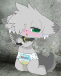 anthro biped blush bodily_fluids bound chain clothing collar diaper fur genital_fluids green_eyes grey_body grey_fur hands_tied kneeling leaking leaking_diaper male navel open_mouth shota solo tears unclean_diaper urine used_diaper wet_diaper wetting young chrono_(pixiv) chrome_(character) canid canine mammal 2019 hi_res