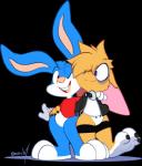 anthro bottomless clothed clothing duo featureless_crotch hand_over_shoulder looking_at_viewer male one_eye_closed simple_background smile toony wink 0r0ch1 tiny_toon_adventures warner_brothers 0r0 buster_bunny lagomorph leporid mammal rabbit alpha_channel