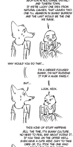 ambiguous_gender anthro bed bodily_fluids dialogue female furniture group male neonate simple_background sweat text white_background young replytoanons disney zootopia judy_hopps nick_wilde canid canine fox lagomorph leporid mammal rabbit red_fox true_fox absurd_res black_and_white comic english_text hi_res monochrome source_request