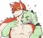 anthro blush duo fangs fur hair heart_symbol hug male male/male muscular scar smile teeth sollyz canid canine canis mammal wolf