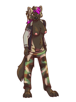 anthro bottomwear bottomwear_down bottomwear_pull breasts brown_body brown_eyes brown_fur brown_hair camo camo_bottomwear camo_clothing camo_pants camo_print clothed clothing clothing_pull digitigrade ear_piercing exposed_breasts eyelashes female female_anthro fur genitals hair highlights_(coloring) industrial_piercing jacket looking_at_viewer multicolored_hair multiple_piercings nipples open_clothing open_jacket open_topwear pants pants_down pants_pull partially_clothed pattern_bottomwear pattern_clothing pattern_pants piercing pink_nipples pink_vulva ponytail purple_hair purple_highlights simple_background snout solo striped_body striped_fur stripes tail topwear two_tone_hair undressing vulva white_background cloudpie conditional_dnp hyena mammal striped_hyena 2020 3:4 clip_studio_paint_(artwork) digital_drawing_(artwork) digital_media_(artwork) full-length_portrait hi_res portrait shaded