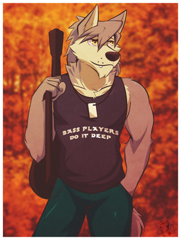 5_fingers anthro bass_guitar black_nose border clothing fangs fingers fur grey_body grey_fur grey_hair guitar hair humanoid_hands male musical_instrument plucked_string_instrument shirt smile solo string_instrument tank_top teeth topwear white_border ventkazemaru morenatsu kouya_(morenatsu) canid canine canis domestic_dog husky mammal nordic_sled_dog spitz hi_res