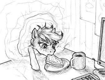 bread computer container cup detailed_background eating electronics eyebrows eyelashes female feral food hair portal solo stealing toast madhotaru equid equine mammal 2020 digital_media_(artwork) monochrome