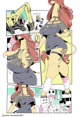 anthro backhoe_(vehicle) big_breasts biped breasts clothed clothing detailed_background dialogue dress duo female hair male outside text thick_thighs three-quarter_view tractor vehicle shepherd0821 modern_mogal giraffe giraffid human mammal comic english_text hi_res url