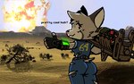 anthro blood bodily_fluids clothing desert dialogue facial_markings female gesture hand_gesture head_markings markings nosebleed nuke pip-boy ranged_weapon rocket_launcher solo text thumbs_up torn_clothing vault_suit weapon pugosixtyfour fallout microsoft pugzy_(pugosixtyfour) canid canine canis coyote mammal 2024 digital_media_(artwork) english_text