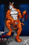 abs anthro athletic balls bench biceps big_muscles biped black_body black_fur blue_nipples blue_nose clothing countershading discarded_clothing erection fur genitals grin hair humanoid_genitalia humanoid_penis jockstrap kerchief locker locker_room looking_at_viewer male markings mascot multicolored_penis muscular muscular_anthro muscular_male nipples nude orange_body orange_fur orange_hair orange_penis pecs penis pose presenting pubes raised_leg smile solo standing step_pose stripes two_tone_penis underwear whiskers white_balls white_body white_fur yellow_eyes clamories frosted_flakes kellogg's tony_the_tiger felid mammal pantherine tiger 2011 hi_res