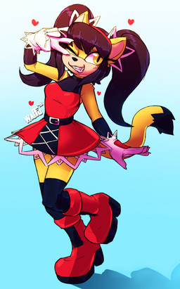 anthro belt black_hair boots breasts clothing dipstick_tail dress female footwear fur gesture gloves hair hand_gesture handwear heart_symbol legwear markings on_one_leg one_eye_closed pigtails red_clothing red_dress shoes simple_background smile solo standing stockings tail tail_markings teeth v_sign white_clothing white_gloves white_handwear yellow_body yellow_eyes yellow_fur waffl3sk4t sega sonic_the_fighters sonic_the_hedgehog_(series) honey_the_cat domestic_cat felid feline felis mammal 2026 digital_media_(artwork) hi_res