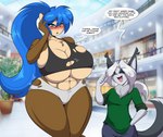 anthro big_breasts blue_hair blush bottomwear bra breasts brown_body cleavage clothed clothing curvy_figure dialogue duo embarrassed female hair huge_breasts larger_female long_hair male male/female mall shorts size_difference smaller_male smile tearing_clothing text thick_thighs torn_clothing underwear voluptuous white_hair wide_hips mastergodai rascals rally_ryder shaze chipmunk domestic_cat felid feline felis ground_squirrel mammal rodent sciurid 2021 english_text