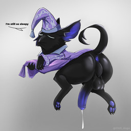 3_toes 4_fingers anthro anus backsack balls barefoot beak beak_closed big_penis biped black_balls black_beak black_body black_fur black_penis black_tail black_tail_tuft bodily_fluids bottomless bottomless_anthro bottomless_male butt claws clothed clothed_anthro clothed_male clothing dripping eyes_closed feet finger_claws fingers fur genital_fluids genitals glistening glistening_balls glistening_butt glistening_genitalia gradient_penis grey_background hat headgear headwear hindpaw holding_object holding_pillow huge_penis male male_anthro mouth_closed multicolored_penis nightcap pajamas pattern_clothing pattern_hat pattern_headgear pattern_headwear pattern_topwear pawpads paws penis perineum pillow precum precum_drip purple_anus purple_clothing purple_hat purple_headgear purple_headwear purple_inner_ear purple_pajamas purple_pawpads purple_penis purple_topwear raised_tail saggy_balls semi-anthro simple_background sleepwear small_but_hung solo tail tail_tuft text tired toe_claws toes topwear tuft young young_anthro young_but_hung young_male chilldog deadlock_(game) mythology valve rem_(deadlock) avian chimera dream_creature gryphon mythological_avian mythological_creature 1:1 2026 english_text hi_res