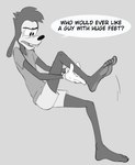 5_toes anthro barefoot big_feet bottomwear clothing dialogue feet foot_focus holding_leg humanoid_feet looking_at_foot male plantigrade shorts soles solo speech_bubble text toes sodabox disney goof_troop max_goof canid canine canis domestic_dog mammal 2020 english_text greyscale monochrome