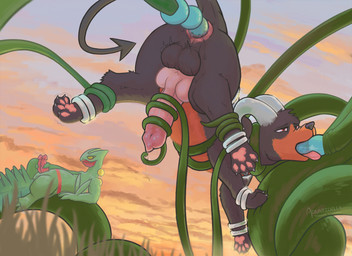 2_penises anal anal_penetration animal_genitalia animal_penis anklet anthro backsack balls bdsm beads bodily_fluids detailed_background duo feral genital_fluids genitals hemipenes jewelry knot knotted_penis male male_penetrated masturbation multi_genitalia multi_penis oral oral_penetration paws penetration penis plant precum sex sky sunset suspension tentacle_in_ass tentacle_in_mouth tentacle_penetration tentacle_sex tentacles voyeur aquaridella nintendo pokemon elemental_creature flora_fauna generation_2_pokemon generation_3_pokemon houndoom pokemon_(species) sceptile hi_res