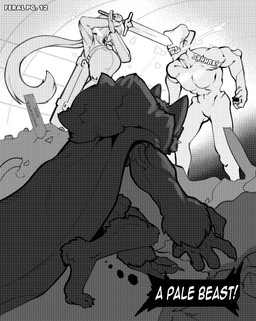 big_hands cloak clothed clothed_female clothed_human clothing female fight fur group hair holding_melee_weapon holding_object holding_sword holding_weapon long_hair male melee_weapon nude_humanoid nude_male sword text thought_bubble trio weapon thevarking balto_ulfson freya_(thevarking) animal_humanoid canid canid_humanoid canine canine_humanoid human humanoid mammal mammal_humanoid monster wolf_humanoid 2026 english_text greyscale hi_res monochrome