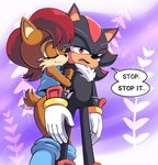 anthro black_body black_fur blush boots brown_body brown_fur clothing duo eyes_closed female footwear fur gloves handwear hug hugging_arm male red_eyes red_stripes scut_tail shoes short_tail sniffing stripes tail tail_motion tailwag topwear vest hyoumaru archie_comics sega sonic_the_hedgehog_(archie) sonic_the_hedgehog_(comics) sonic_the_hedgehog_(series) sally_acorn shadow_the_hedgehog chipmunk eulipotyphlan ground_squirrel hedgehog mammal rodent sciurid hi_res