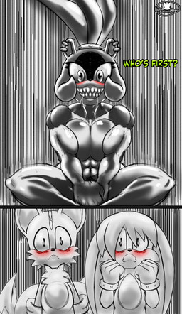 abs anthro aroused biceps big_breasts blush bodily_fluids breasts clenched_teeth creepy_smile dialogue drooling ear_piercing ear_ring female fist floppy_ears group imminent_death_by_snu_snu male muscular muscular_female muscular_thighs piercing ring_piercing saliva scared scaroused sharp_teeth sitting sitting_on_ground smile teeth text trio wide_eyed foxium idw_publishing sega sonic_the_hedgehog_(comics) sonic_the_hedgehog_(idw) sonic_the_hedgehog_(series) kitsunami_the_fennec miles_prower surge_the_tenrec afrosoricid canid canine canis domestic_dog fennec_fox fox hybrid mammal red_fox tenrec true_fox absurd_res english_text hi_res