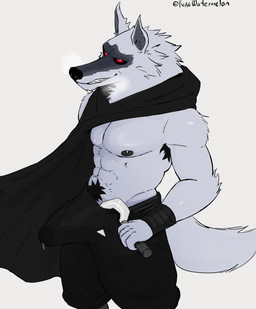 5_fingers abs anthro areola arm_tuft arm_wrapping arm_wraps armpit_hair big_bulge black_sclera bodily_fluids body_hair bottomwear breath bulge cheek_tuft cloak clothing clothing_aside elbow_tuft erection erection_under_clothing facial_markings facial_tuft fangs fingers fluffy fluffy_tail fur genital_fluids grey_body grey_fur grin head_markings holding_object holding_weapon looking_at_viewer male male_anthro markings mask_(marking) muscular muscular_anthro muscular_male narrowed_eyes neck_tuft nipples pants pointy_ears precum precum_through_clothing prick_ears provocative pubes pupils red_eyes shirtless shirtless_anthro shirtless_male shoulder_tuft sickle simple_background smile solo standing tail teeth torn_clothing tuft weapon weapon_through_clothing wet wet_clothing white_background white_pupils wrapped_arms wraps kirowatermelon dreamworks puss_in_boots_(franchise) death_(puss_in_boots) canid canine canis mammal wolf hi_res