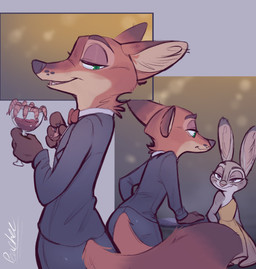 alcohol anthro beverage black_body black_fur bottomwear bow_tie clothed clothing cocktail container cup dress drinking_glass duo female food fur furgonomic_bottomwear furgonomics gala_dress glass glass_container glass_cup grey_body grey_fur inside looking_at_another male open_mouth orange_body orange_fur party sharp_teeth shrimp_(food) suit tan_body tan_fur teeth white_body white_fur xx-junglebeatz-xx disney zootopia judy_hopps nick_wilde canid canine fox lagomorph leporid mammal rabbit red_fox true_fox absurd_res hi_res signature