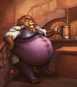 anthro belly big_belly button_(fastener) claws clothed clothing detailed_background drunk fur holding_object inside leaning male mane moobs obese obese_anthro obese_male open_mouth open_smile overweight overweight_anthro overweight_male smile solo straining_buttons substance_intoxication tail tail_tuft tan_body tan_fur tankard teeth tight_clothing toe_claws tuft sugarboy felid lion mammal pantherine hi_res