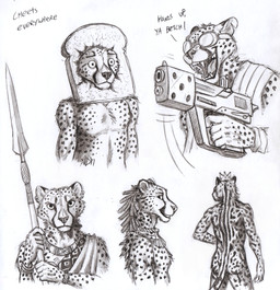 5_fingers anthro bracelet bread cheek_tuft chest_tuft clothed clothing collar crown dialogue eyewear facial_tuft fangs fingers food fur goggles gun handgun headgear holding_gun holding_object holding_ranged_weapon holding_weapon in_bread jewelry looking_at_viewer male markings melee_weapon motion_lines multiple_poses nude pistol polearm pose ranged_weapon rear_view smile spear spots spotted_body spotted_fur teeth text tuft weapon wide_eyed 0laffson cat_breading goggly_cheetah_(0laffson) cheetah felid feline king_cheetah mammal 2021 english_text hi_res meme monochrome traditional_media_(artwork)