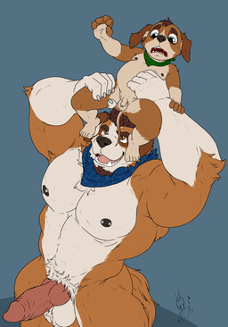 5_fingers anthro belly blue_eyes brown_body brown_eyes brown_fur carrying_another carrying_person claws fingers fur genitals humanoid_genitalia humanoid_penis knot knotted_penis male multicolored_body multicolored_fur muscular muscular_anthro muscular_male nipple_piercing nipples nude penis piercing scarf toe_claws vein veiny_penis young young_anthro young_male hunterramirez canid canine canis domestic_dog mammal molosser mountain_dog saint_bernard absurd_res hi_res father_(lore) father_and_child_(lore) father_and_son_(lore) parent_(lore) parent_and_child_(lore) parent_and_son_(lore) son_(lore)