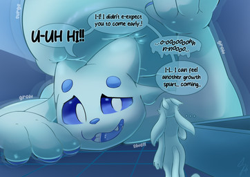 ambiguous_gender anthro blue_sclera body_size_growth cramped dialogue ellipsis embarrassed expansion inside macro pawpads pupils size_transformation solo sound_effects speech_bubble stuttering surprised text transformation walk-in white_body white_pupils lilproto microsoft ori_(series) xbox_game_studios fan_character proto_(lilproto) guardian_spirit 2025 english_text hi_res male_(lore)