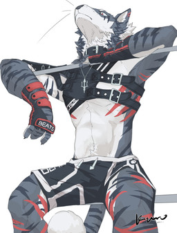 anthro armor biped black_bottomwear black_claws black_clothing black_gauntlets black_shorts black_topwear blue_body blue_fur blue_stripes bottomwear claws clothed clothed_anthro clothed_male clothing collar countershade_arms countershade_face countershade_hands countershade_legs countershade_neck countershade_torso countershading dipstick_tail drawstring_bottomwear drawstring_shorts eyebrows facial_markings finger_claws front_view fur gauntlets gloves handwear head_markings looking_at_viewer looking_down looking_down_at_viewer male markings mouth_closed no_pupils red_eyes red_gauntlets red_stripes shorts simple_background sitting snout solo striped_arms striped_body striped_face striped_legs striped_markings striped_tail striped_torso stripes tail tail_markings text text_on_bottomwear text_on_clothing text_on_shorts text_on_topwear topwear whiskers white_background white_body white_bottomwear white_clothing white_countershading white_eyebrows white_fur white_sclera white_shorts white_tail_tip kuromonsart felid mammal 2022 absurd_res artist_name dated digital_drawing_(artwork) digital_media_(artwork) english_text hi_res portrait three-quarter_portrait