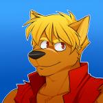 anthro black_nose blonde_hair blue_background brown_eyes clothed clothing facial_hair fur hair looking_aside male orange_body orange_fur outline short_hair simple_background solo toony topwear vest vasuki jaryl_(character) canid canine canis mammal wolf 1:1 headshot_portrait icon portrait