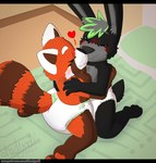 anthro bed black_bars black_body black_fur blush bottomwear clean_diaper clothed clothing cuddling diaper diaper_only duo eyes_closed female fur furniture heart_symbol hug kissing kneeling male male/female romantic romantic_couple smile topless underwear wearing_diaper shadyadi ailurid lagomorph leporid mammal rabbit red_panda hi_res letterbox