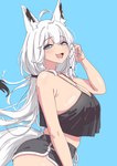 ahoge big_breasts big_butt blue_eyes blush blush_lines bottomwear breasts butt cleavage clothed clothing female hair huge_breasts shorts side_boob side_view simple_background smile smiling_at_viewer solo tail teeth thick_thighs topwear white_hair kanachirou hololive vtuber shirakami_fubuki animal_humanoid canid canid_humanoid canine canine_humanoid fox_humanoid humanoid mammal mammal_humanoid hi_res