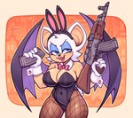 ak-47 ak_platform anthro assault_rifle banana_magazine big_breasts black_clothing blue_eyes blue_eyeshadow bow_(feature) bow_in_front bow_tie breasts bunny_costume cleavage clothed clothing costume cuff_(restraint) eyeshadow fake_ears fake_rabbit_ears female fishnet_clothing fishnet_legwear gloves gun hair handwear holding_gun holding_object holding_ranged_weapon holding_weapon legwear lipstick magazine_(gun) makeup pink_lipstick ranged_weapon restraints rifle solo weapon white_clothing white_gloves white_hair white_handwear wings wrist_cuffs goobone sega sonic_the_hedgehog_(series) rouge_the_bat bat mammal hi_res