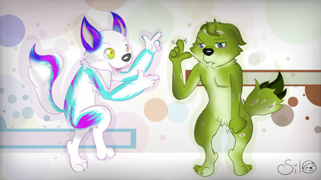 anthro dancing duo fur green_body green_fur grumpy happy male multicolored_body multicolored_fur purple_body purple_fur tail white_body white_fur riisago agent_green agent_yushki canid canine canis domestic_dog husky mammal nordic_sled_dog spitz 16:9 widescreen